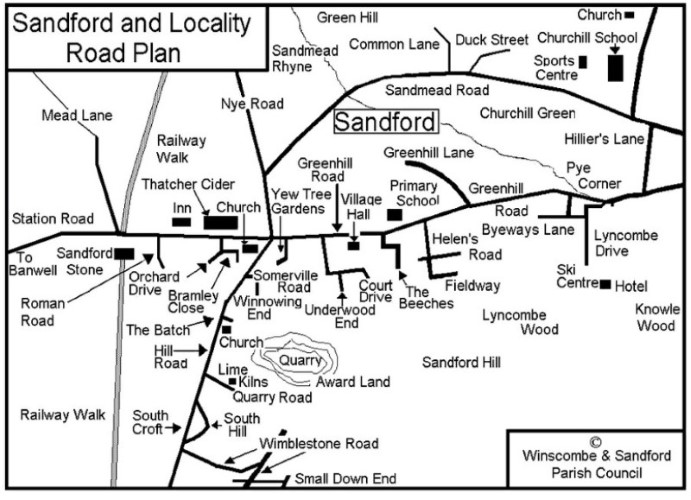 Mono map of Sandford and its roads
