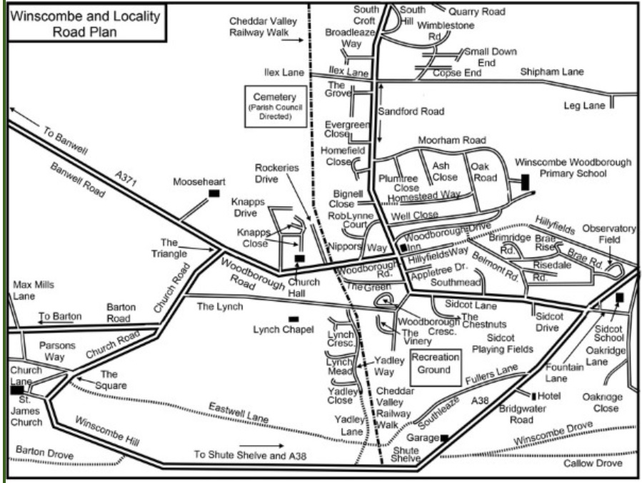 Mono map of Winscombe and its roads